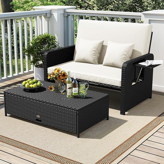 Tangkula Patio Rattan Daybed with 4-Level Adjustable Backrest, Outdoor PE Wicker Loveseat with Storage Ottoman & Folding Side Tray, Double Sunbed Lounger for Balcony, Backyard & Poolside (White)