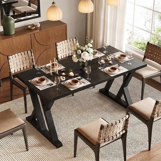 Solid Wood Dining Table for 4-6 People, 63 Inches Wooden Farmhouse Rectangular Kitchen Dinner Table with Heavy-Duty Legs for Home, Living Room, Dining Room, Black