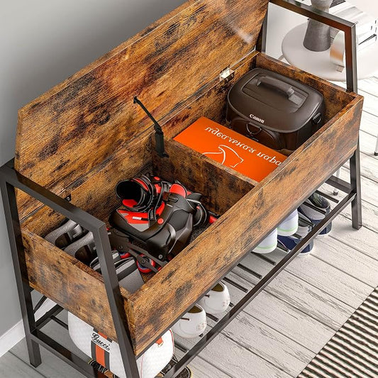 IRONCK Storage Bench, Industrial Shoe Rack Bench with Storage Box, Holds Up to 240 LB Shoe Organizer for Entryway, Bedroom, Closet & Hallway, Entryway Bathroom