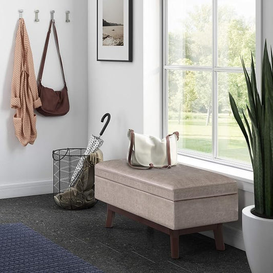 SIMPLIHOME Owen 36 inch Wide Mid Century Modern Small Rectangular Storage Ottoman in Distressed Grey Taupe Vegan Faux Leather, Assembled, For the Living Room, Entryway and Family Room