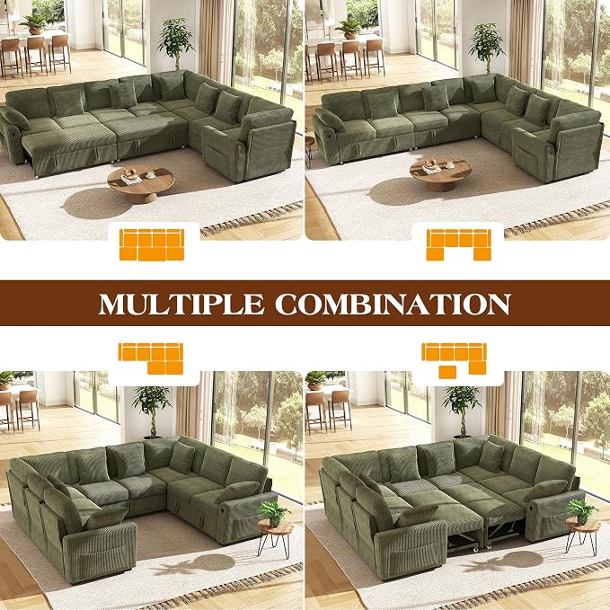 Ihanherry 8-Seater Large Sectional Sofa Bed with Storage Lovescat, Corduroy Modular Sleeper Sofa with USB Port & 6 Pillows, 110" U-Shaped Convertible Couch for Large Living Room(Green)