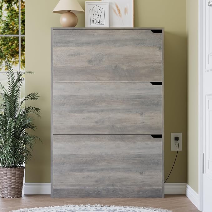 BORNOON Shoe Cabinet with Odor Control and Back Panels, Deodorizing Slim 3-Flip Shoe Storage Cabinet for Entryway, Freestanding Hidden Shoe Rack Organizer for Entrance, Hallway, Bedroom