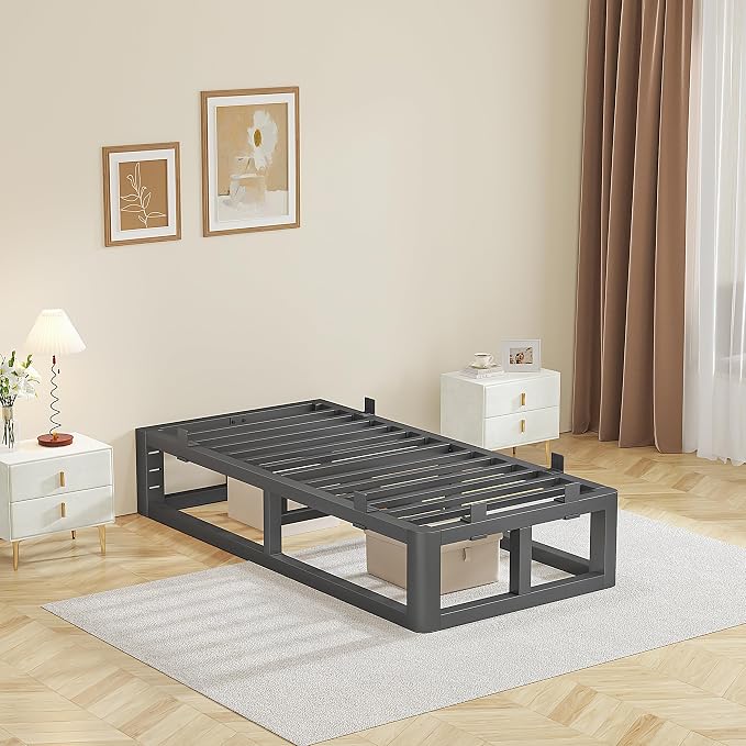 14 Inch Twin Bed Frames with Rounded Corner and Headboard Hole, Metal Platform Bed Frames 6 Non-Slip Guards, 3500lbs Heavy Duty Steel Slat Support, Squeak Free, No Box Spring Needed, Black