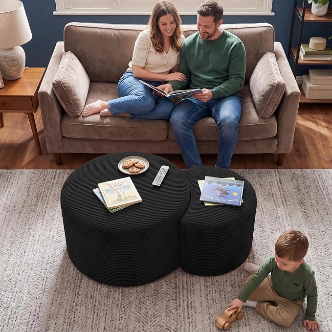 BSHOMGI Boneless Ottoman Nesting Coffee Table Set of 2,Corduroy Soft Foot Rest Movable Large Pouf Footstool for Living Room Sofa Couch Bedroom Entryway and Small Spaces No Assembly (Black)