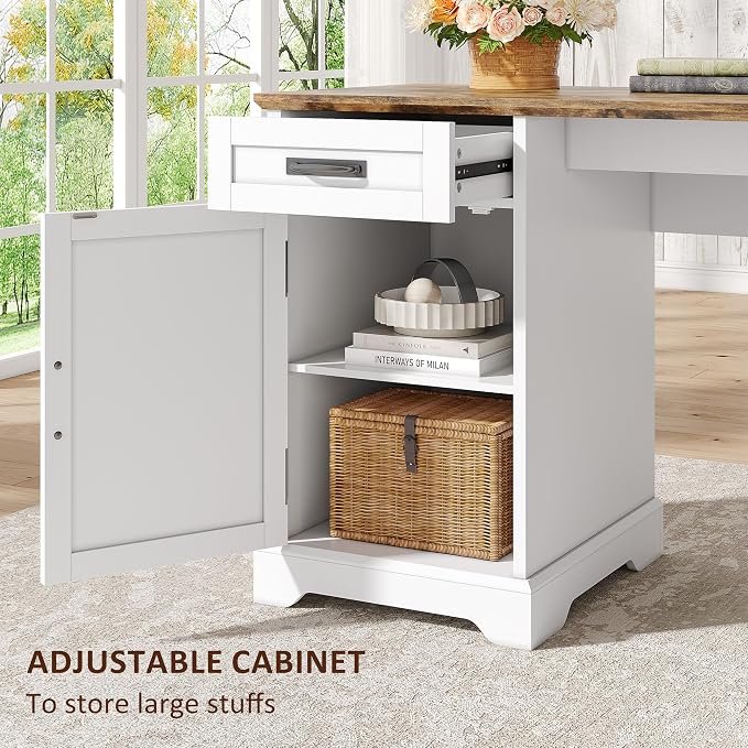 Whalefall 67'' Farmhouse L-Shaped Desk with Drawers for Home Office, White | Computer Corner Desk with File Cabinet and Charging Station, Large Executive L Desk with Locking Drawers Storage