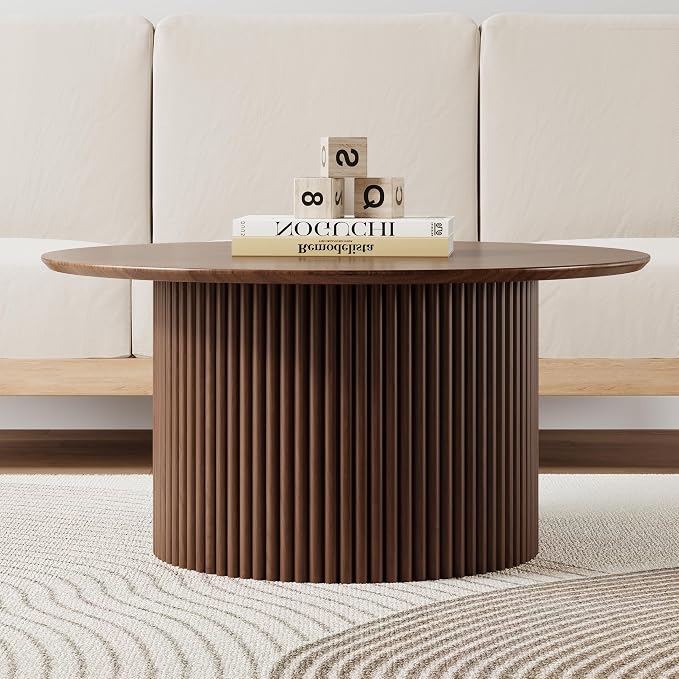 31.5" Round Coffee Table, Modern Fluted Accent Center Table with Metal Frame, Wooden Circle Coffee Tables for Living Room Small Space or Office (Walnut)
