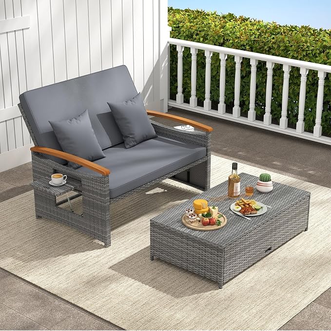 LDAILY Moccha Outdoor Wicker Daybed, Patio Rattan Loveseat Sofa w/ 4-Level Adjustable Backrest, Folding Panels, Storage Ottoman & Cushions, Lounge Furniture Set for Poolside Backyard Porch (Grey)