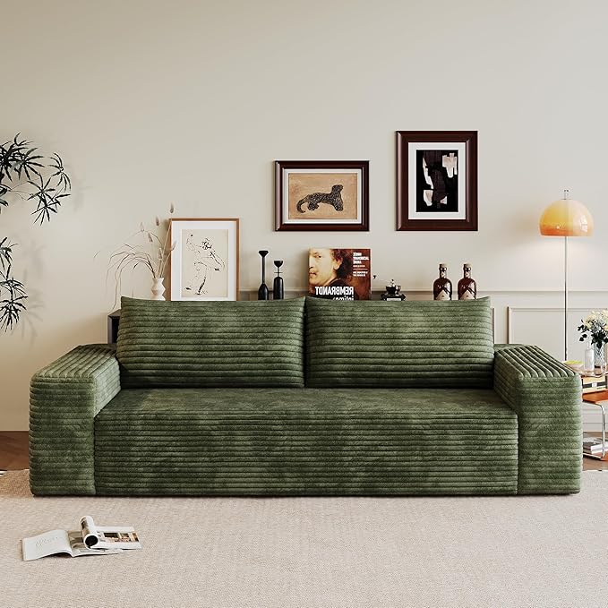 JINGLING 71" Small Couches for Small Spaces, Memory Foam Loveseat Corduroy Couch in a Box, Compressed Boneless Sofa for Living Room Bedroom, Apartment Furniture, No Assembly Required, Green