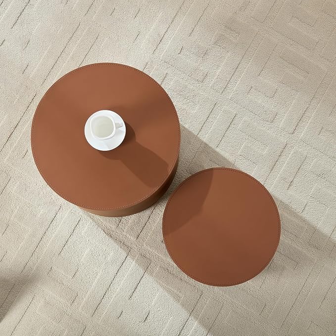 Round Coffee Table Set of 2, Modern Leather Circle Accent Tables, Minimalist Wooden Drum Side Table for Small Spaces Living Room Bedroom Balcony Office. Brown