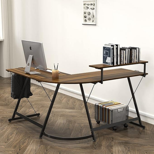 SHW 51 x 51 Inches Vista L-Shaped Desk with Monitor Stand and Drawer, Walnut