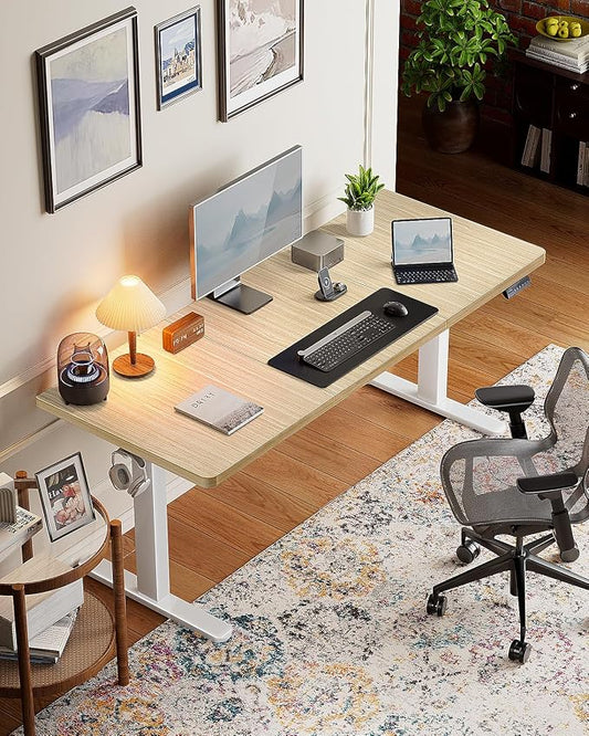 HUANUO 71 x 30 inch Electric Standing Desk, Powerful Brushless Motor Large Height Adjustable Table, 4 Memory Preset Sit Stand Up Desk, Home Office Computer Table with Thick T-Shaped Frame, Natural