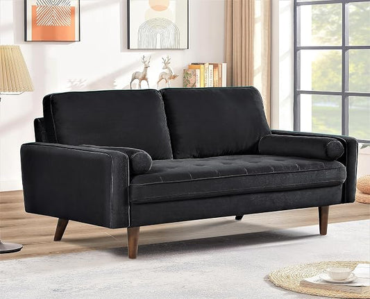 Container Furniture Direct Velvet Tufted Sofas for Living Room, Classic Mid-Century Style with Modern Silhouette, Button Tufting and Wood Legs, Includes 2 Bolster Pillows, Loveseat, Black