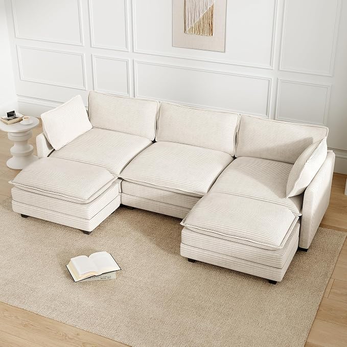 112'' Sectional Modular Cloud Couch, Oversized 5 Seat Couches U Shaped Sofa with 2 Movable Ottomans, 2 Throw Pillows, Upholstered Corduroy U Shape Comfy Deep Couches for Living Room and Office, Beige