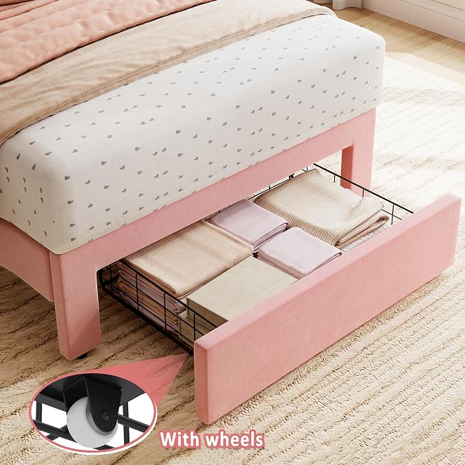 IDEALHOUSE Twin Bed Frame with Storage Drawer and Headboard, Velvet Upholstered Twin Platform Bed Frame for Girls, Strong Wooden Slats Support, Noise-Free, Easy Assembly (Pink)
