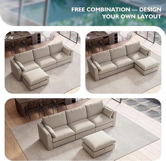 Ihanherry 117" Oversized Modular Sectional Sofa, Modern L Shaped Cloud Couch with Storage Ottoman, 4-Seat Comfy Chenille Deep Seat Sofa with 2 Pillows for Living Room, Khaki