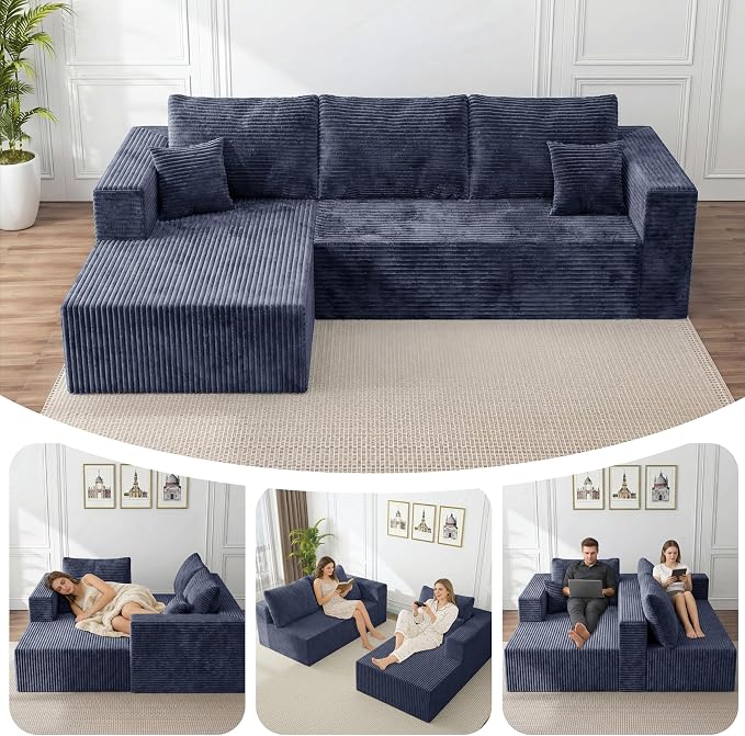 92.5" L-Shaped Sectional Boneless Couches with Chaise, Comfy Modular Corduroy Fluffy Couch with Deep Seat, 3 Seater Cloud Sofa for Apartment Flexible Module Combination for Living Room, No Assembly