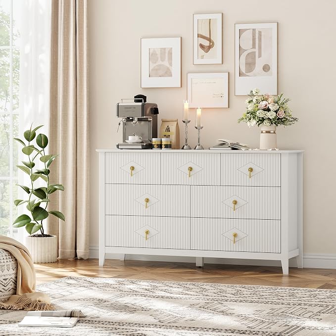 GarveeHome Fluted Dresser for Bedroom, 54 Inch Wide 7-Drawer Wood Dresser, Modern Chest of Drawers, Storage Organizer Cabinet for Living Room, Hallway, Entryway, White