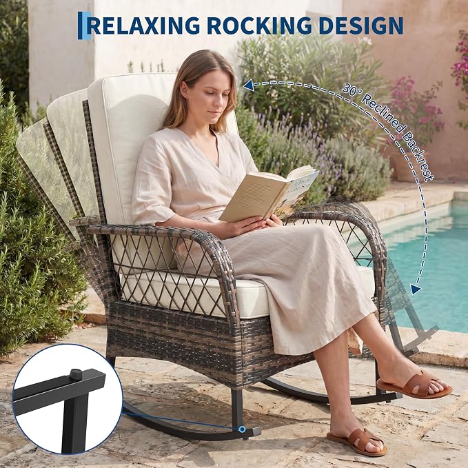 3 pcs Outdoor Rocking Bistro Set, Wicker Rocking Bistro Set with Thick Cushions, Outdoor Rocker Chairs and Coffee Table for Porch, Backyard or Garden (Brown&Beige)