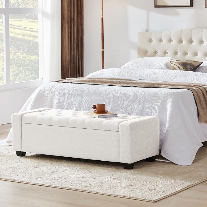 Huatean Home 48" Ottoman with Storage, White Storage Ottoman Bench with Safety Hinge, Upholstered Entryway Bench with Seating for Bedroom, Living Room, Holds up to 330 lb