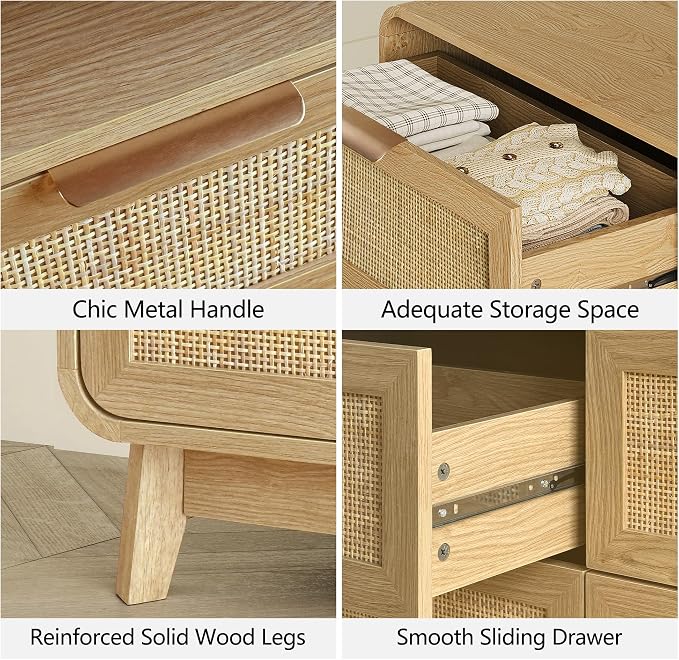 FORTUNETEC 47" Rattan 6 Drawer Dresser, Modern Farmhouse & Boho Wooden Chest of Drawers with Oak Wood Grain, Multifunctional Storage Bedroom Set for Bedroom, Living Room, Entryway & TV Stand