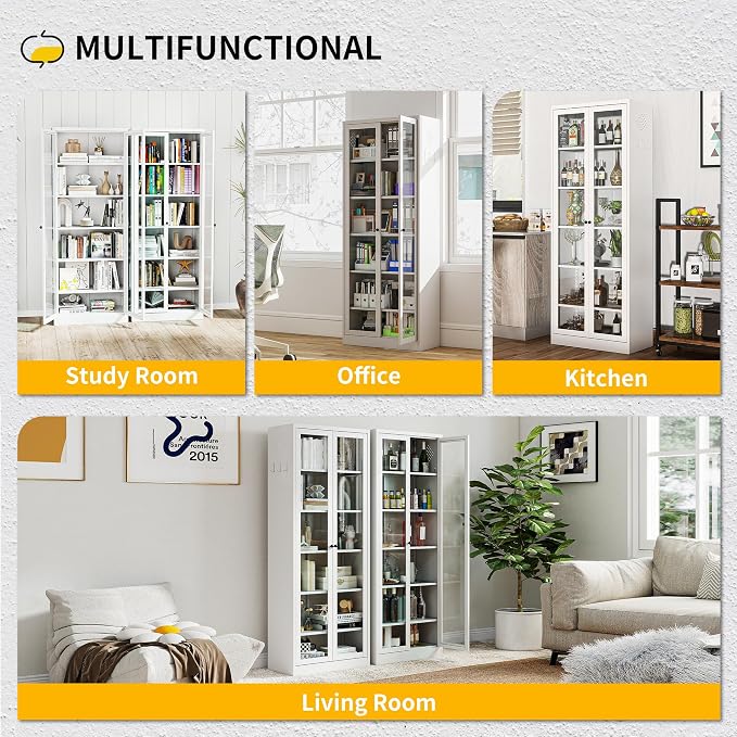 Kitchen Pantry Cabinet, 72" Tall Pantry Storage Cabinet with Adjustable Shelves and Glass Doors, Metal Storage Cabinets with Handle for Living Room, Kitchen, Assemble Required (White)