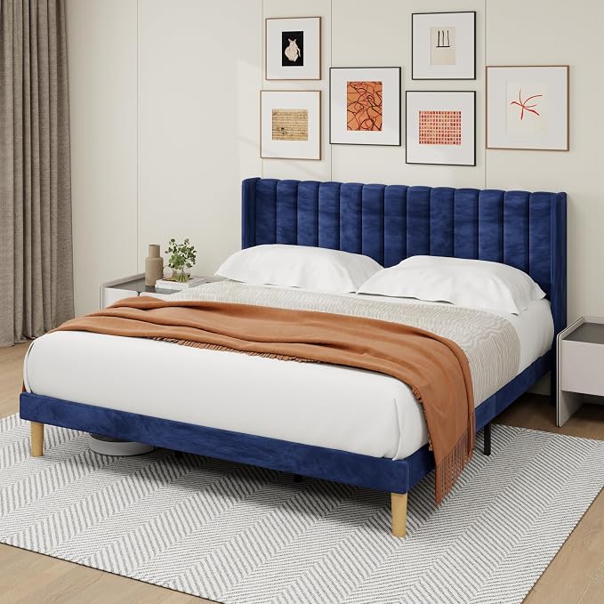 alazyhome Platform Bed Frame King Size with Upholstered Headboard, Solid Wood Slats Support, No Box Spring Needed, Noise Free, Easy Assembly, Modern Velvet Bed, Blue
