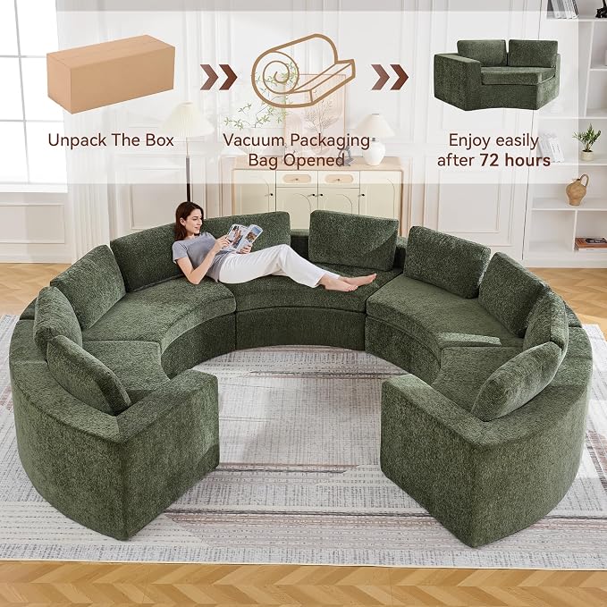 WUTUTUEE 145'' Curved Round Boneless Couch, Oversized U Shaped Sofa with Deep Seat & Arms, Chenille Modular Sectional Sofa with Pillows, Upholstered Comfy 10 Seat Couch for Living Room, Green
