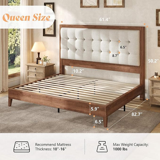 AMERLIFE Queen Bed Frame with Headboard, Solid Wooden Bed Frame Queen Size Platform Bed Mid-Century Style, No Box Spring Required, Walnut