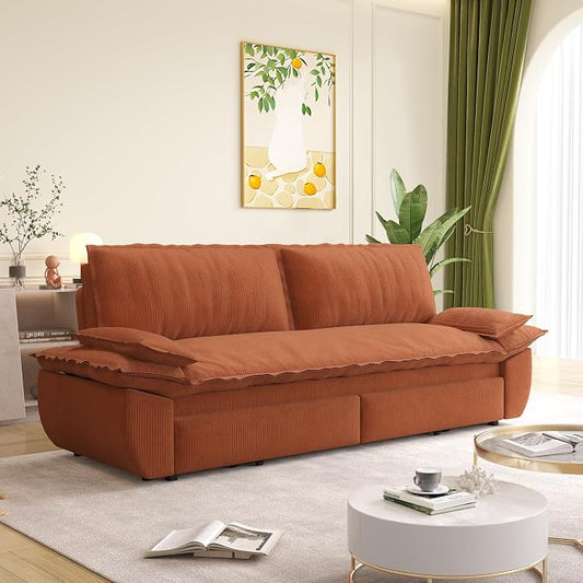 73.2" Sofa Bed Queen Size, Pull Out Couch Bed, 3-in-1 Convertible Sleeper Sofa with Cushion Armrest, Modern Corduroy Futon Couch for Living Room, Small Space, Apartment, Bedroom, Orange
