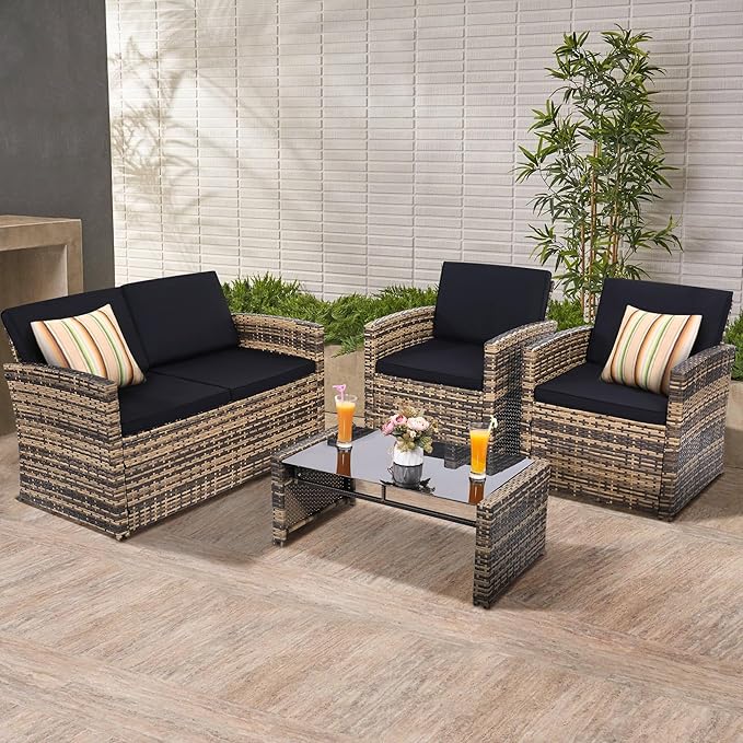 KROFEM 4-Piece Patio Furniture Set, Wicker Outdoor Rattan Sectional Sofa with Cushions and Glass Table, All-Weather Outdoor Conversation Set for Garden, Porch, Backyard, Patio, Black