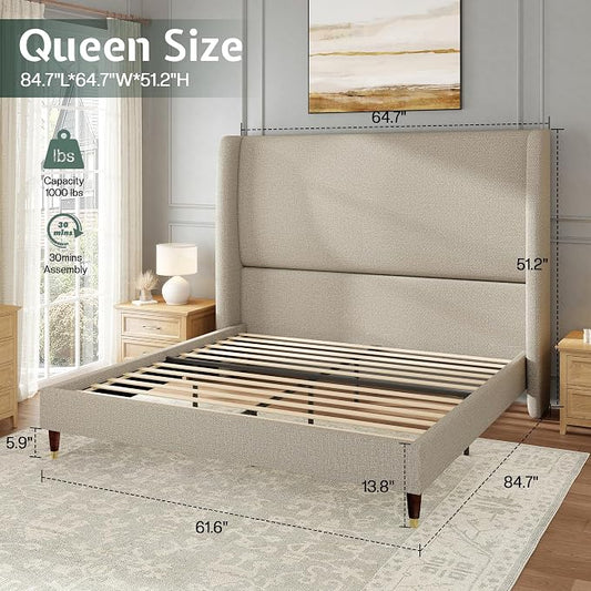 Jocisland Queen Size Bed Frame 51.2" Wingback Headboard Linen Upholstered Platform Bed,Solid Wood Legs & Wooden Slats,No Box Spring Needed,Noise-Free,for Family Guest Room Cozy Home,Brown