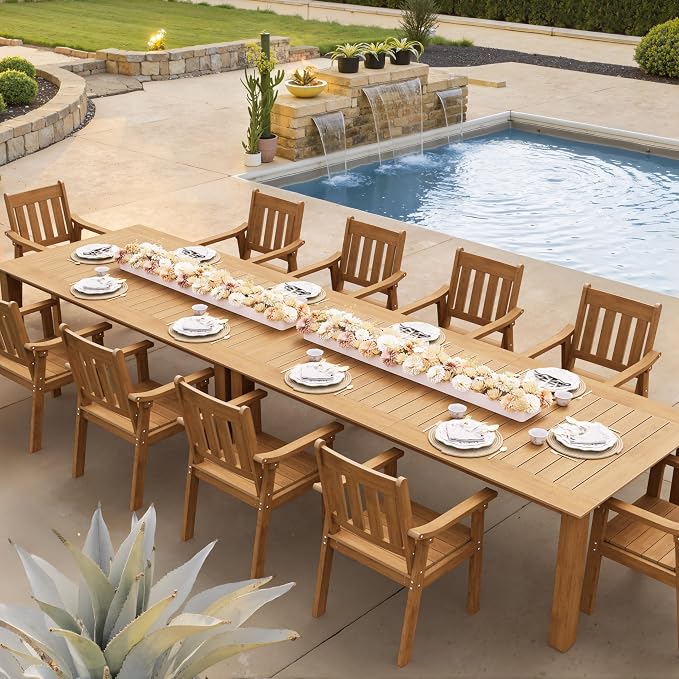 YEFU Outdoor Patio Dining Sets: All Weather 12 Piece Dining Table Set for 10 with Umbrella Hole & Aluminum Frame - Outdoor Furniture Patio 2 Table and 10 Chairs for Outside Backyard/Porch/Deck Teak