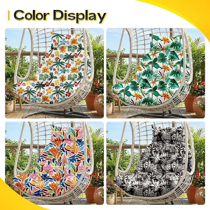 MAGIC ELEPHANT Egg Chair Cushion, Memory Foam Hanging Egg Chair Cushion Replacement, Indoor Outdoor Hammock Basket Swing Cushion with Headrest (Tropical Monstera)