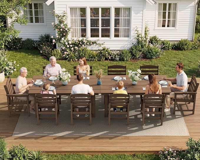 SERWALL Outdoor Dining Sets for 10 Person, HDPE Dining Set with 2 Tables, 8 Armless Chairs and 2 Armed Dining Chairs, Brown