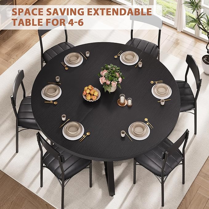 Expandable Kitchen Dining Table for 4-6, Oval Round Dining Table with Storage Shelf and Removable Extension Leaf, Space Saving Pedestal Table for Dining Room, Modern Industrial Style (Black)
