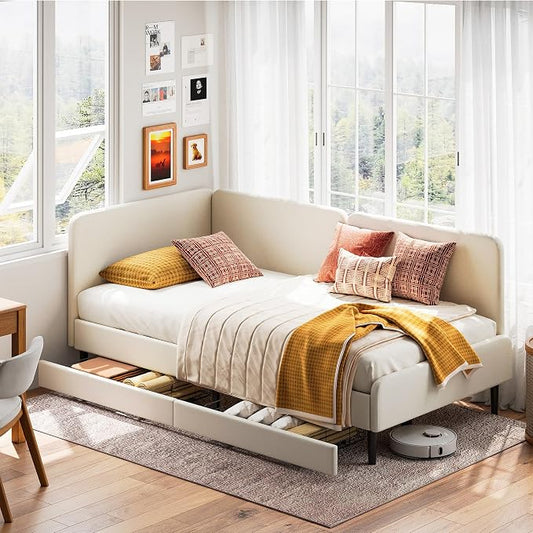 LIKIMIO Twin Daybed with Headboard, Corner Bed Frame with Bed Rails and Storage Drawers, Solid Support, for Bedroom Guest Room, Cream