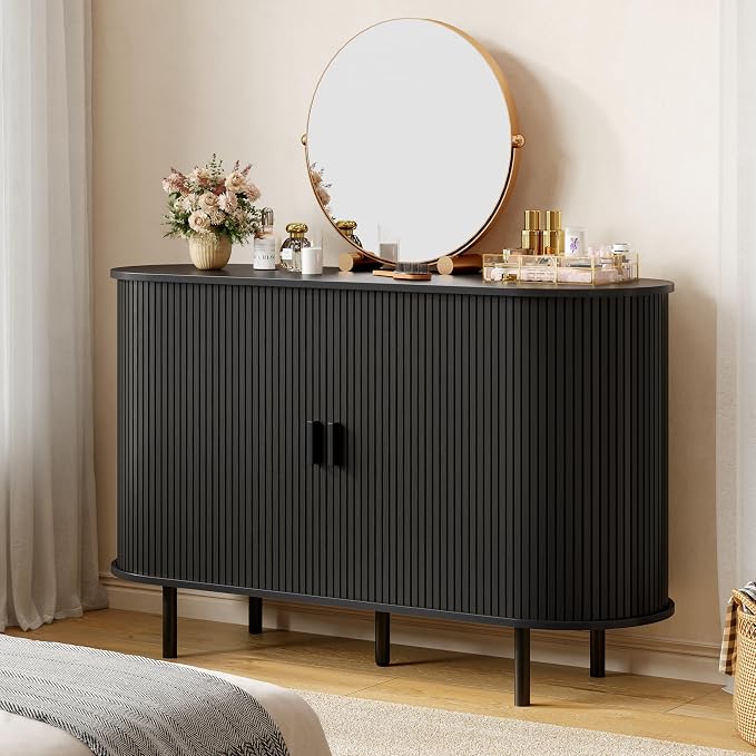 Buffet Sideboard Cabinet with Storage, 48" Fluted Cabinet with Sliding Door & Adjustable Shelf, Modern Accent Coffee Bar Console Table for Kitchen, Entryway, Black