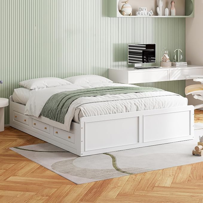 Merax Wood Queen Size Platform Bed Frame with 6 Drawers, Storage Bed Frame Without Headboard for Kids Teens and Adults, White