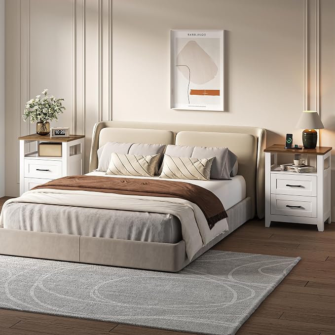 Decofy Farmhouse Nightstand with Charging Station, Modern End Tables with 2 Drawers & Open Shelf, Outlets, USB Ports & Type-C Ports, Wood Rustic Nightstands for Bedroom (2 Pack, Pure White + Walnut)