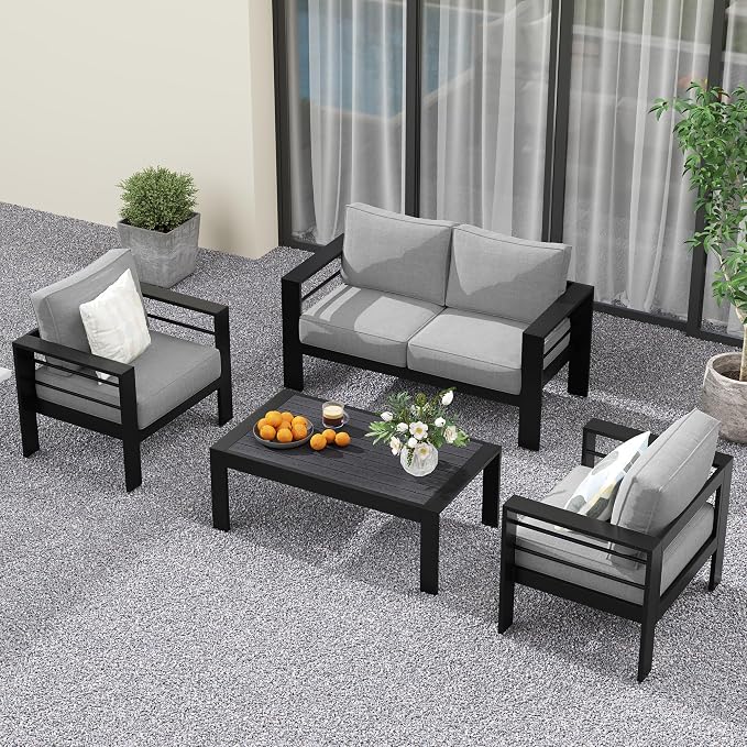 Solaste Aluminum Patio Furniture Set for All Weather, Oversized Metal Outdoor Furniture Set with 27.5" Deep Seating and 3.2" WIde Armrest, Outdoor Patio Conversation Sets with 10’’ Back Suport Cushion