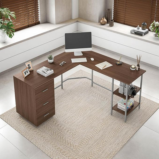 Techni Mobili L Shaped Desk - Two-Toned Computer Desk with Drawers & Storage Shelves - Simple Modern Furniture & Home Office Space Corner Table for Work & Writing
