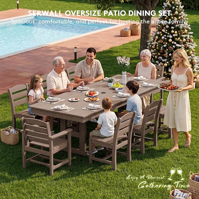 SERWALL 10 Piece 84" HDPE Outdoor Dining Set for 8 with 6 Armless Chair, 2 Armchairs and Umbrella, Brown