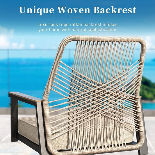 5 Pieces Patio Dining Set, 4 x Woven Rattan Chairs with Waterproof Cushion, 42” Metal Round Dining Table with Umbrella Hole, Outdoor Table and Chairs Set for Backyard Lawn and Deck, Beige