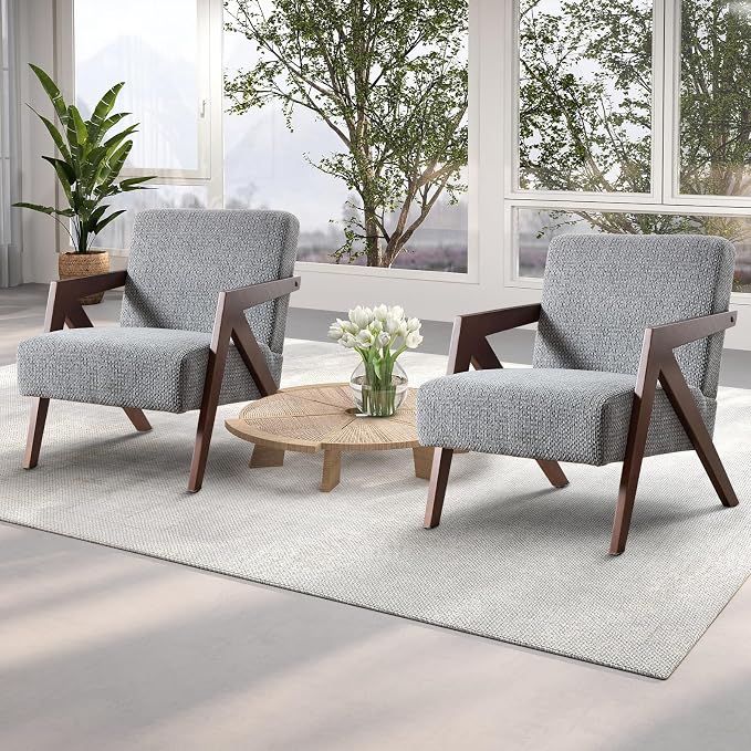 INZOY Accent Chairs Set of 2, Mid Century Modern Accent Chair with Wood Frame, Upholstered Reading Armchair with Soft Linen Fabric, Accent Chair for Living Room Bedroom Apartment, Easy Assembly, Blue