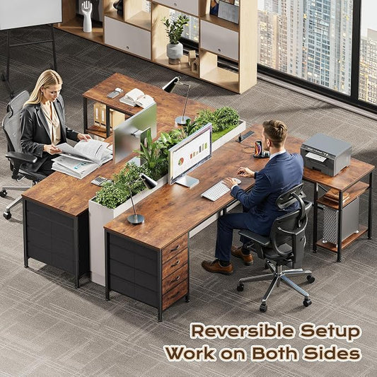 Huuger 63 Inch L Shaped Desk with Fabric Drawers, Computer Office Desk with Power Outlets and USB-C Port, Corner Desk with Storage Shelves, Work Study Home Office, Reversible, Rustic Brown, 1CD079F