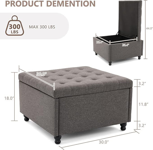 Weture 30 Inch Large Square Storage Ottoman Coffee Table, Oversized Square Ottoman with Storage, Tufted Upholstered Coffee Tables for Living Room (Fabric, Dark Grey)