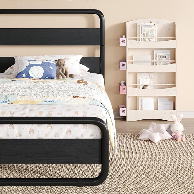 SHA CERLIN Twin Size Metal Bed Frame with Wooden Headboard and Footboard, Heavy Duty Oval-Shaped Platform Bed Frame with 10" Under-Bed Storage, Heavy Duty Slats Support, No Box Spring Needed, Black