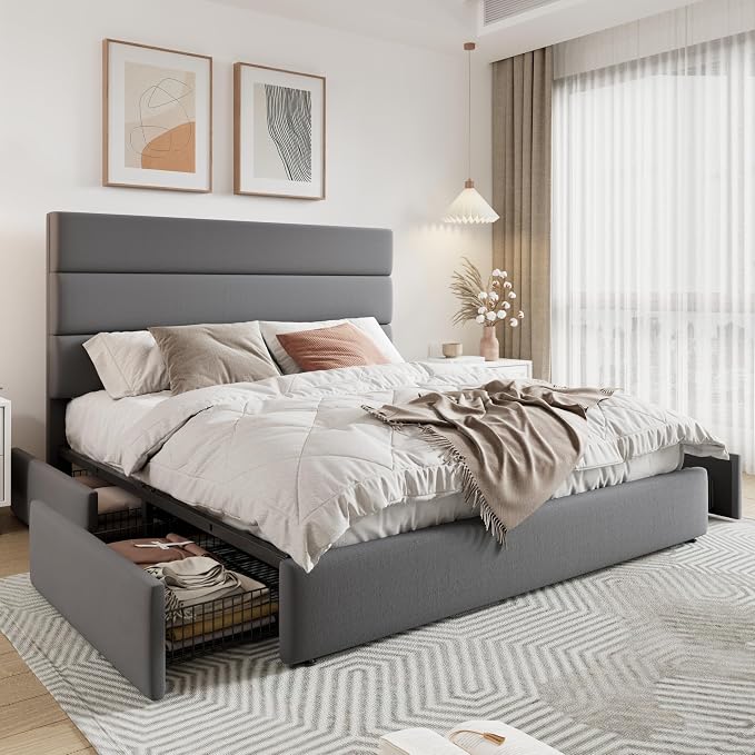 Allewie Modern Queen Size Platform Bed Frame with 4 Storage Drawers and Velvet Upholstered Headboard, Wooden Slats Support, Upholstered Mattress Foundation/No Box Spring Needed/Easy Assembly, Grey