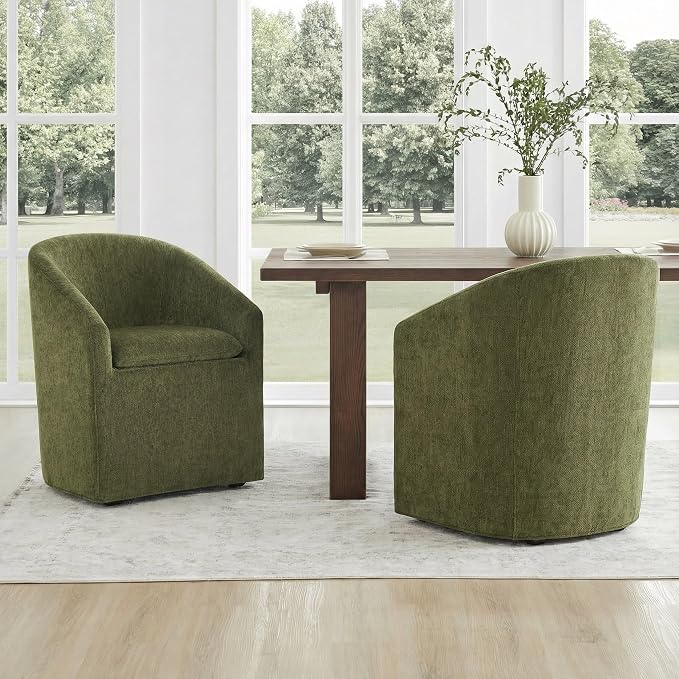 KISLOT Upholstered Dining Chairs Set of 4 with Casters, Modern Side Barrel Armchair with Washable Slipcover & Sturdy Metal Frame for Diningroom Bedroom Livingroom Reading Room, Green Fabric