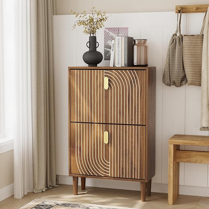 Shoe Storage Cabinet with 2 Flip Drawers, 23.6"(W) Freestanding Shoe Organizer with Metal Handles for Entryway, Narrow Shoe Rack Cabinet